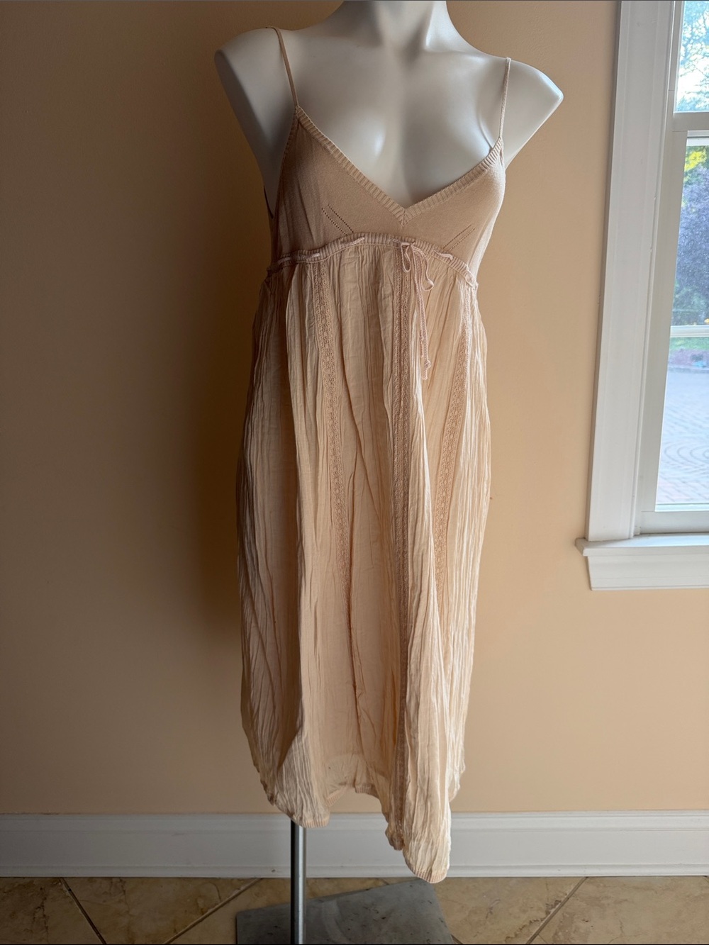 Light Cream Midi Slip Dress with Adjustable Spaghetti Straps